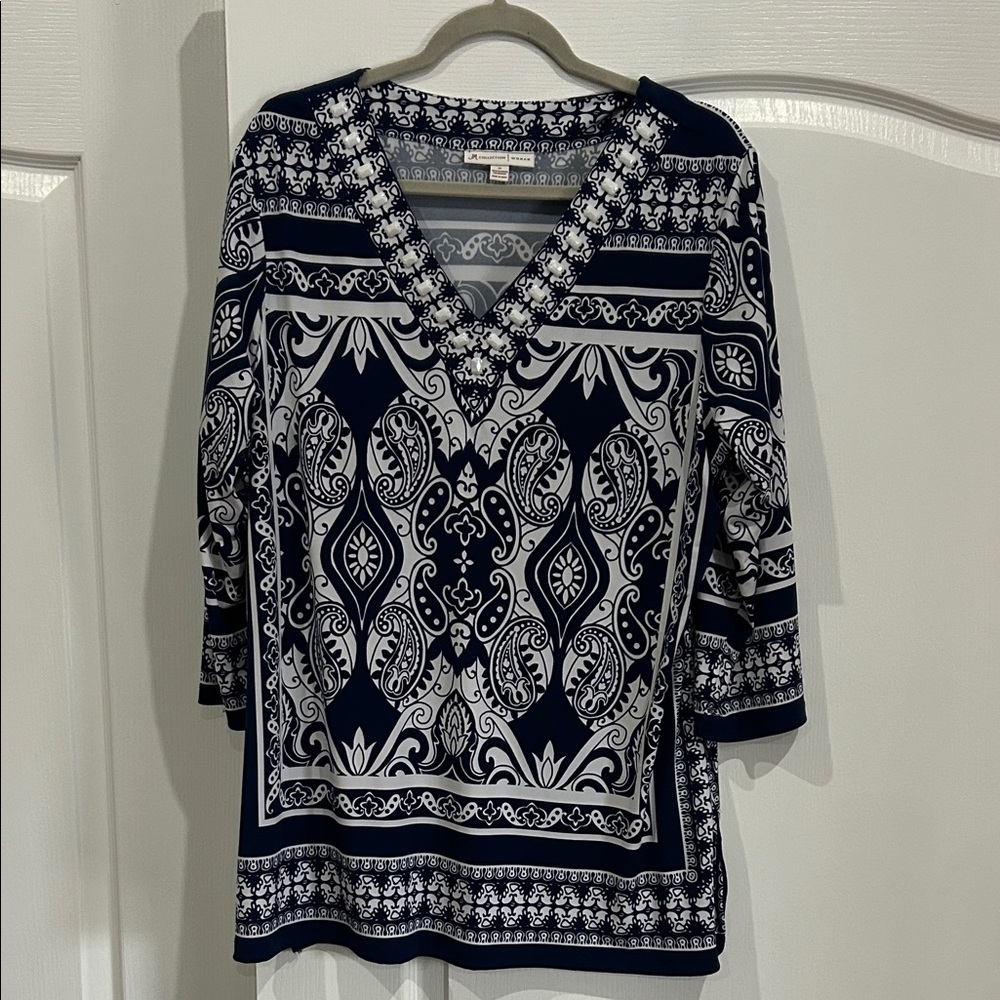 JM Collection Navy and White Paisley Blouse